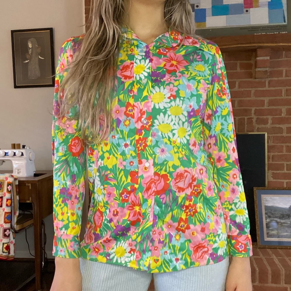 Vintage 70s Rainbow Cheery Floral Stretch Dagger Disco Collar Button Up … - Picture 3 of 12